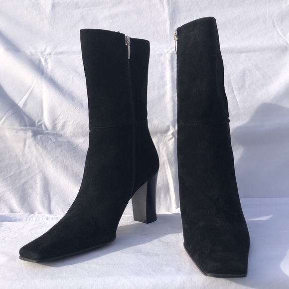 Anne Klein Black Suede Mid Calf High Heel Boots w/Square Toe - Picture 15 of 16